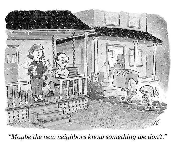 A couple on a porch watches fish with a moving box in the rain, illustrating a funny one-panel comic by Tom Toro.