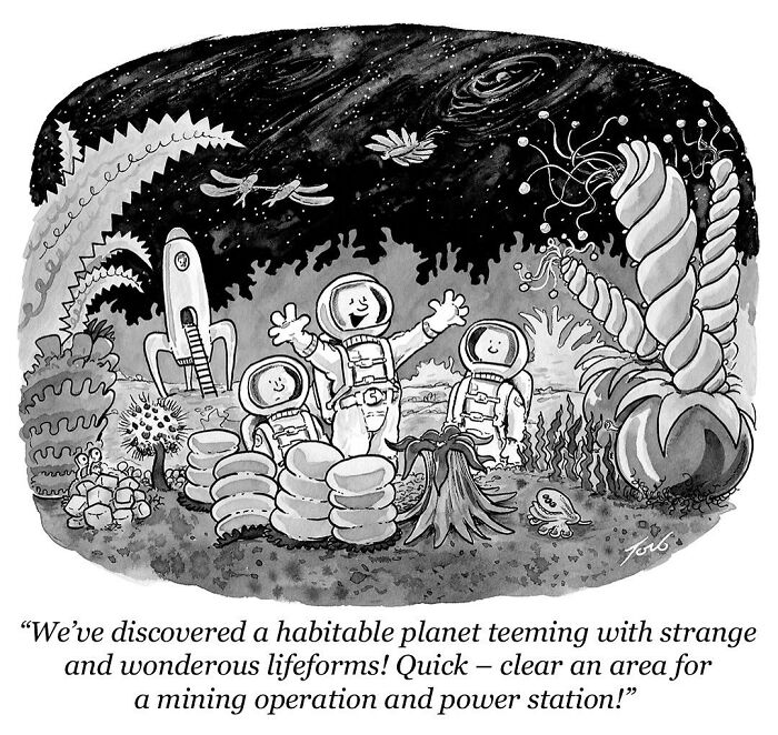 Astronauts explore a vibrant alien planet filled with unusual plants; a humorous one-panel comic by Tom Toro.