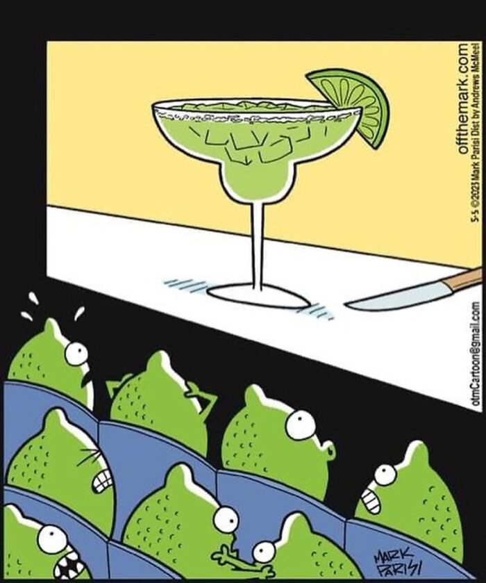 Cartoon of limes in a theater watching a margarita with horror, illustrating horror movies for animals and things.