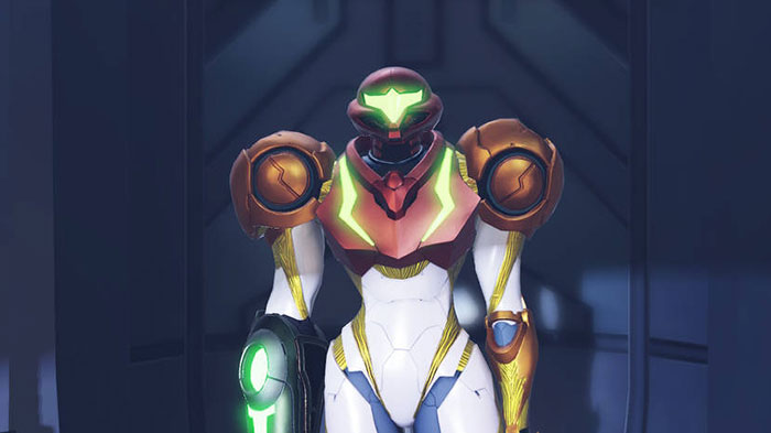 Strong female protagonist in futuristic armor suit standing in a sci-fi setting.