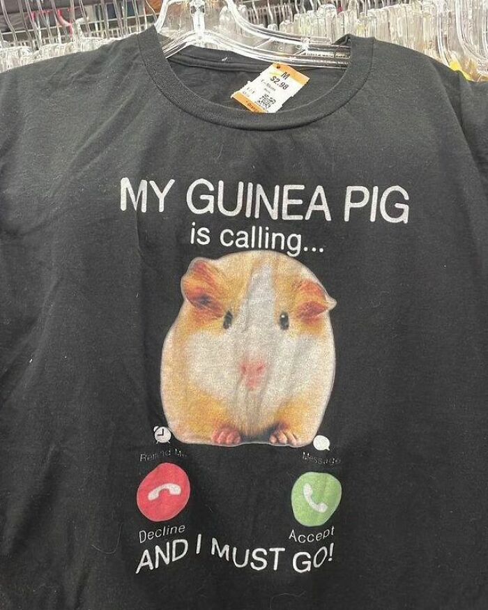 Weird shirt featuring a guinea pig with "My guinea pig is calling" text and call decline or accept options.