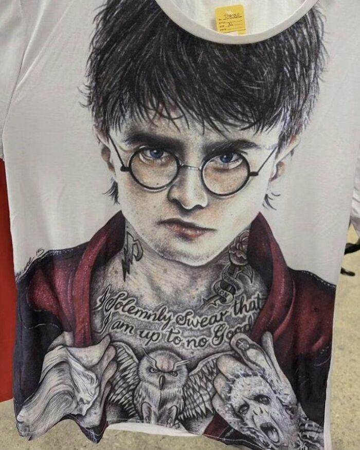 Weird shirt design featuring a Harry Potter with Hedwig and Voldemort tattooed. 