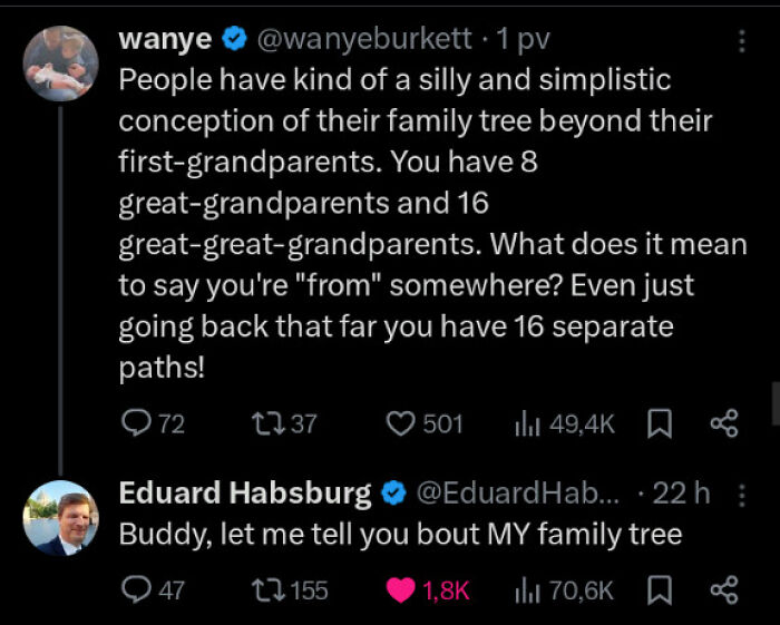 Tweets about family trees with a humorous roast on ancestry complexity.