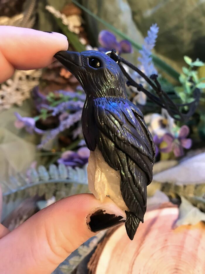 The Large Raven Is One Of My Favorite Pieces I’ve Made Of All Time 🥹 All Of The Feathers Were Individually Sculpted! And The Quartz Crystal Is From A Local Site Here In Idaho!