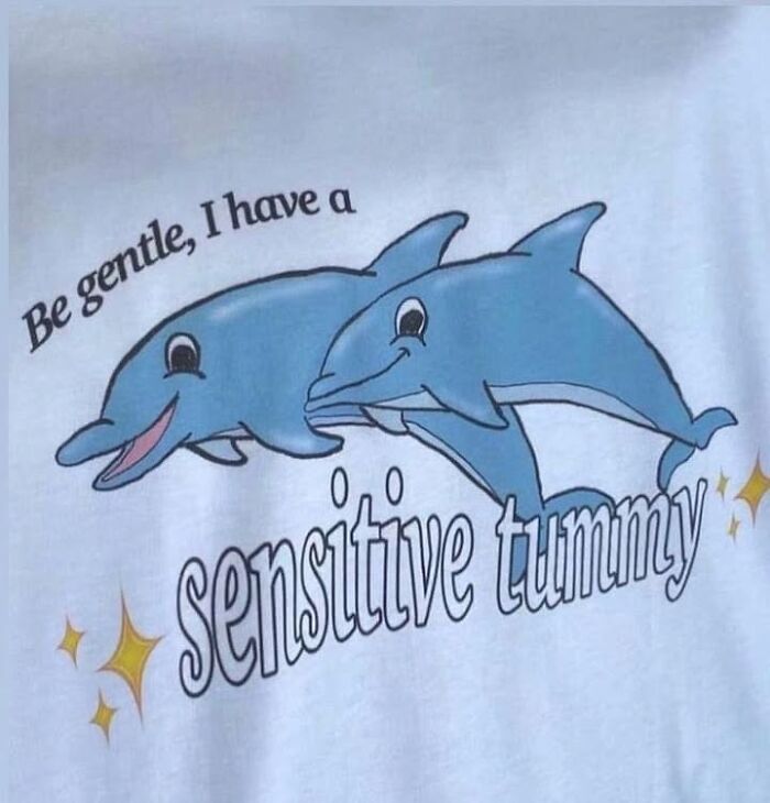 Two blue dolphins on a weird shirt with text: "Be gentle, I have a sensitive tummy."