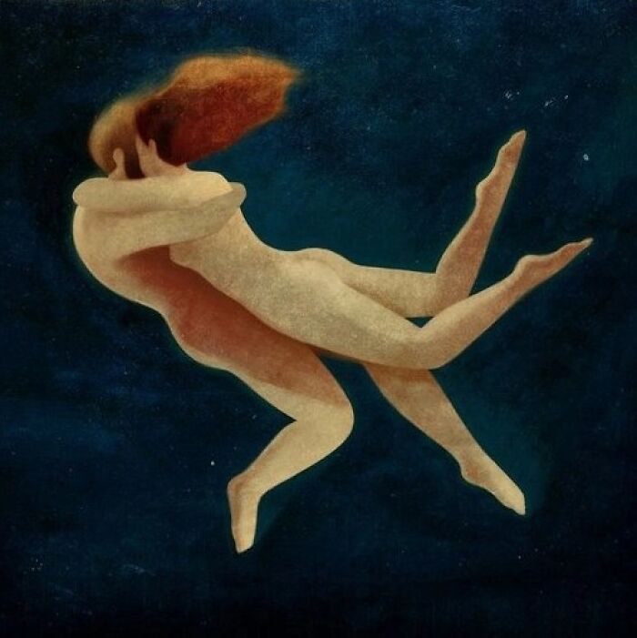 Two figures gracefully floating in an embrace, capturing beauty and melancholy in a dreamlike scene.