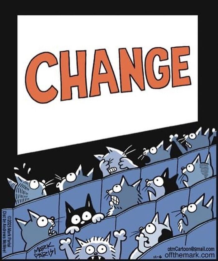 Cartoon of cats in a theater, terrified by the word "CHANGE" on the screen.