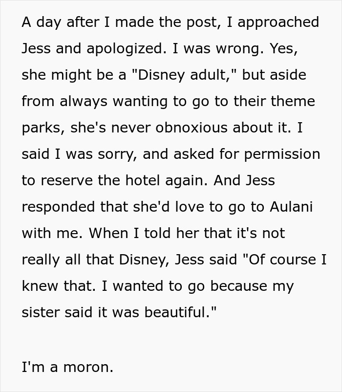 Text about a man apologizing to Jess, discussing a Disney trip and Aulani, realizing his mistake.