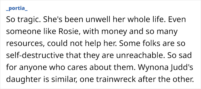 Text discussing Rosie O'Donnell's daughter's struggles and self-destructive behavior.