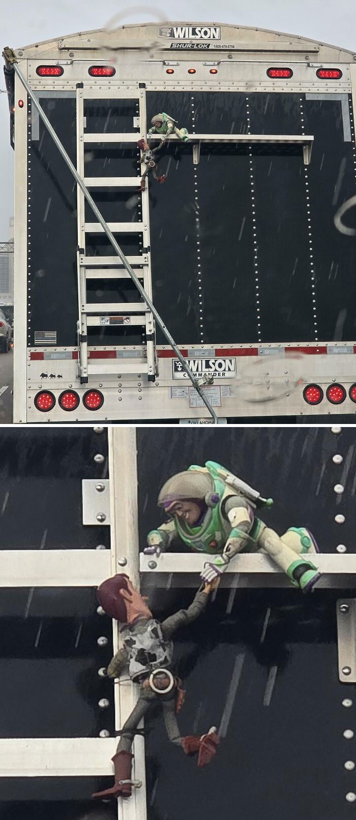 Toy figures of astronauts and cowboys hanging on a truck ladder in the rain, an interesting sight on the road.