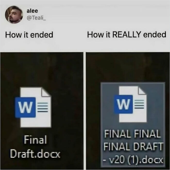 Science memes comparing "Final Draft" and "FINAL FINAL DRAFT v20" document icons humorously.