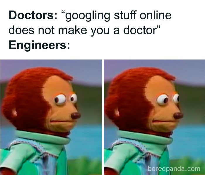 Two panels from a science memes image showing a puppet looking away awkwardly after doctors claim googling doesn't confer expertise.