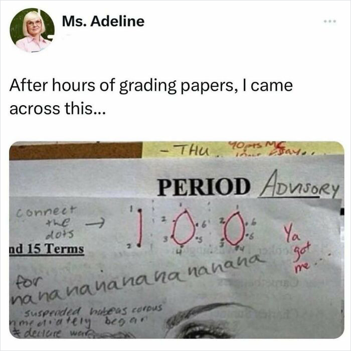 Funny science meme showing a period advisory sheet with a 100 score, creatively formed by connecting dots.