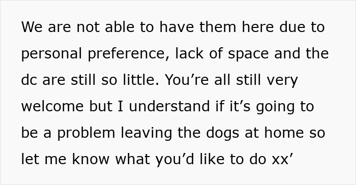 Text message declining uninvited dogs' presence due to space and young children, affecting a family Christmas gathering.