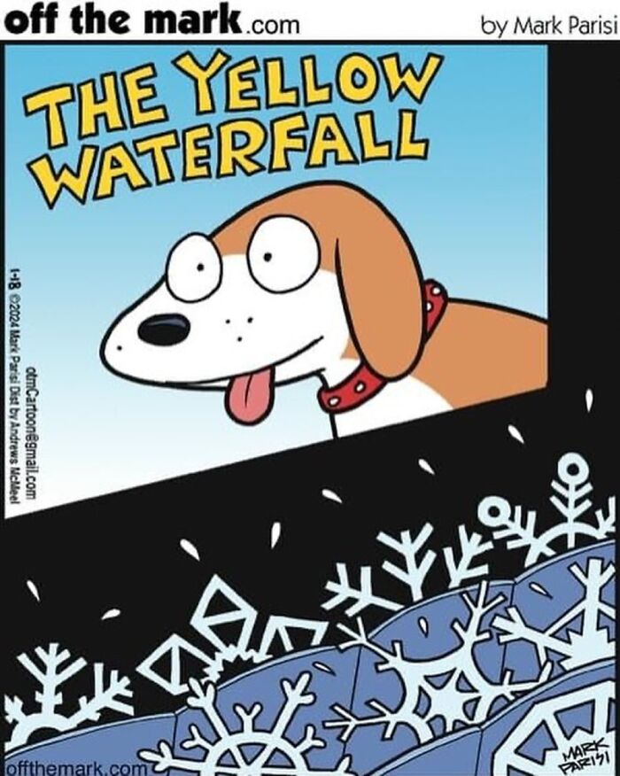 Comic depicting a dog's perspective on a horror movie featuring yellow snow and the title "The Yellow Waterfall."