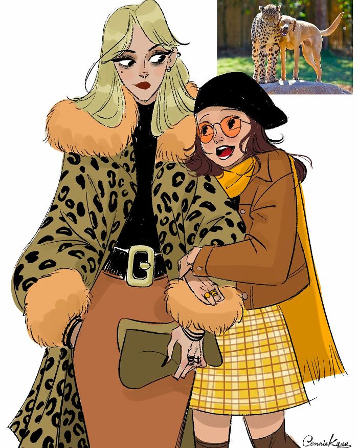 Animal-inspired illustration by Connie Kang featuring fashionable women in leopard print outfits.