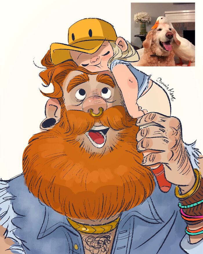 Colorful animal-inspired illustration featuring a bearded man and child, humorously mimicking a dog and duck's friendship.