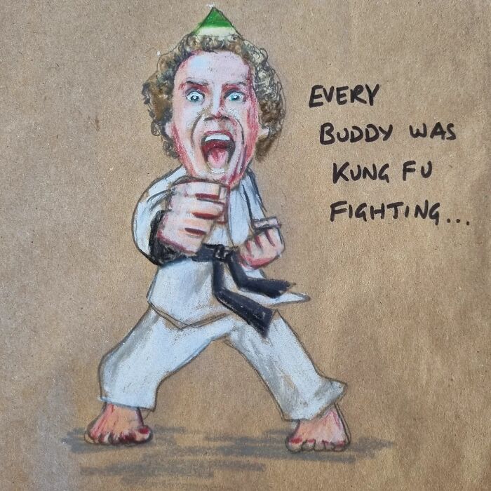 Cartoon on a lunch bag showing a martial artist with the text "Every Buddy Was Kung Fu Fighting."