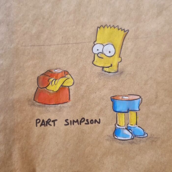 Pun-filled cartoon of a character's head and clothes on a lunch bag, labeled "Part Simpson."