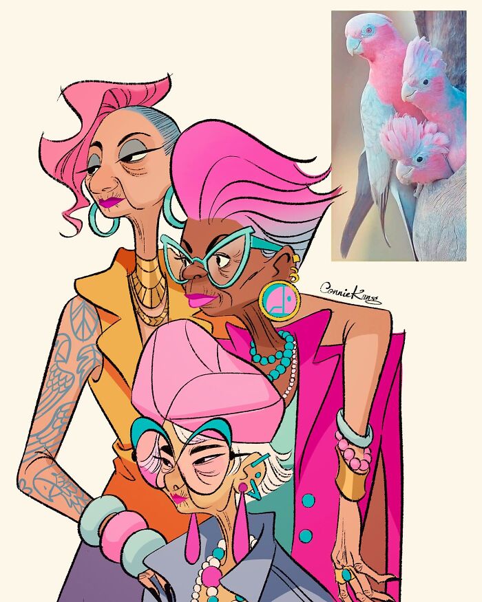 Animal-inspired illustration by Connie Kang featuring stylish characters with bright pink hair and bold accessories.