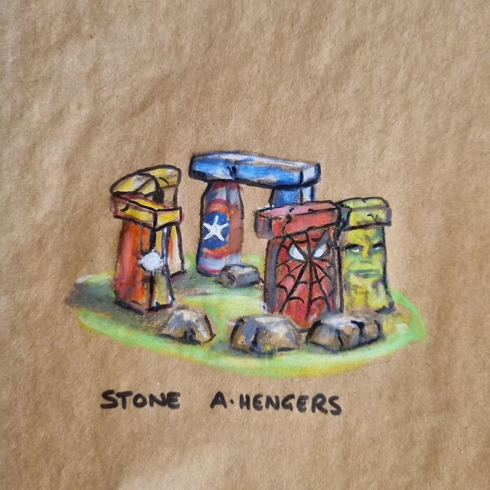 Pun-filled cartoon of Stonehenge with superhero themed stones on a lunch bag.