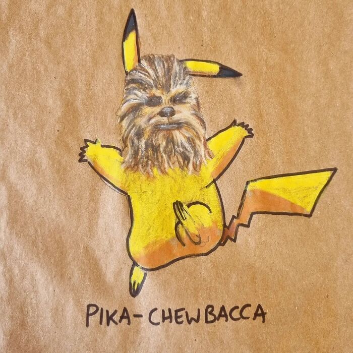 Cartoon of Pikachu with Chewbacca's face on a lunch bag, labeled "Pika-Chewbacca", creating laughs.