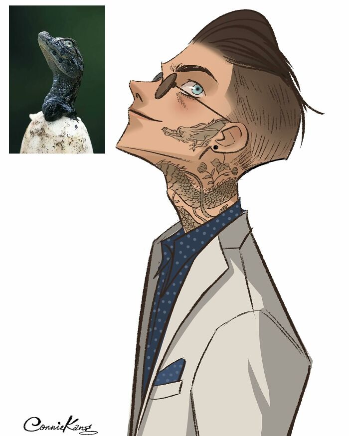 Stylish man with lizard-inspired tattoos and sleek hair, showcasing humor and style in animal-inspired illustration.