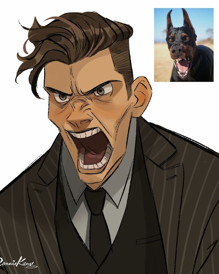 Illustration by Connie Kang showing a man in a suit humorously mimicking a barking Doberman.