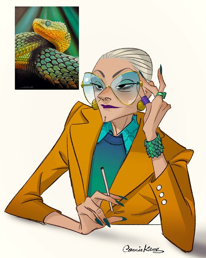 A stylish illustration by Connie Kang featuring a snake-themed character with large glasses, blending humor and style.