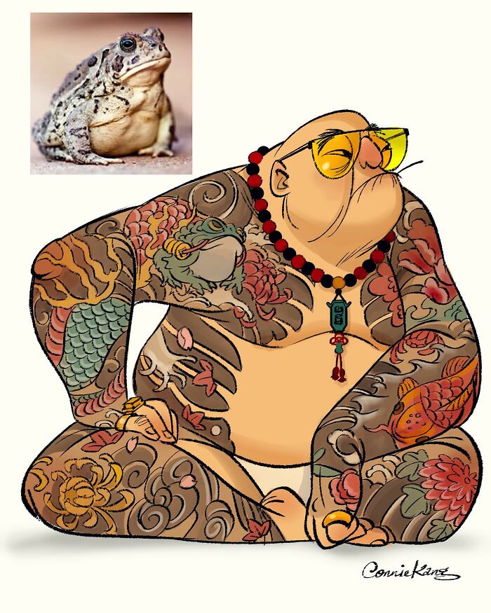 Tattooed character inspired by a toad, blending humor and style with detailed animal-themed designs by Connie Kang.