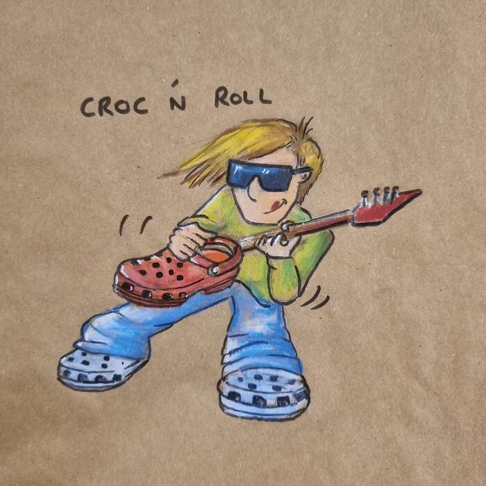 Cartoon illustration of a person playing a guitar-shaped croc, labeled "Croc 'n Roll," on a lunch bag.