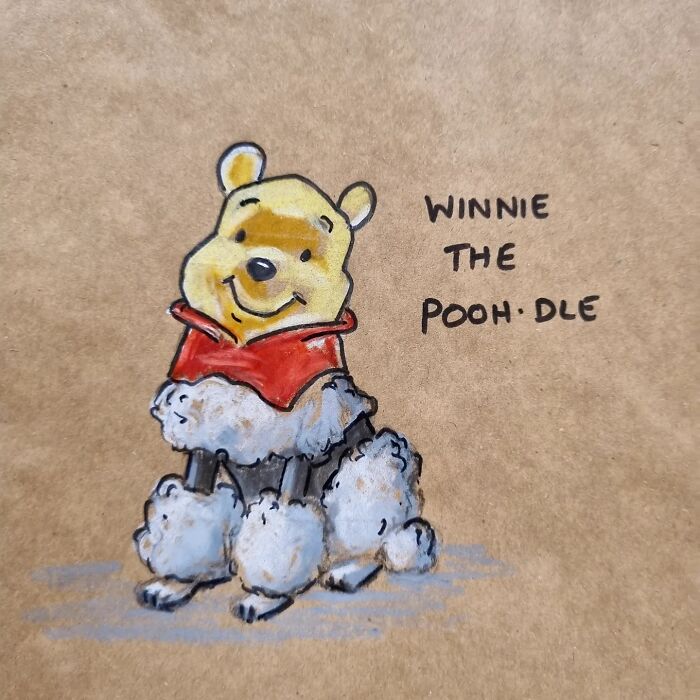 Cartoon of Winnie the Pooh as a poodle drawn on a brown lunch bag, showcasing pun humor.