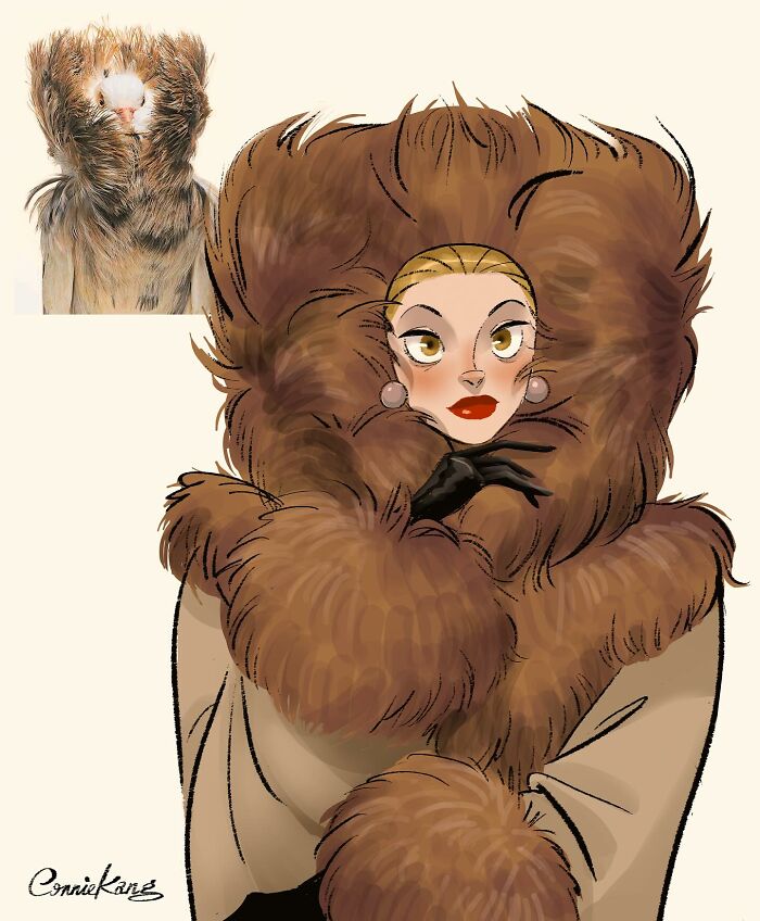 Animal-inspired illustration by Connie Kang, blending humor and style, featuring a character in a fluffy coat.