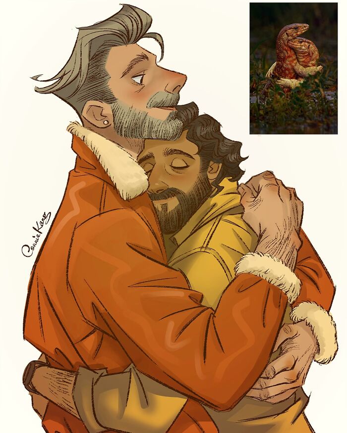 Two characters in cozy jackets embrace, inspired by animal illustrations by Connie Kang, with a lizard photo inset.