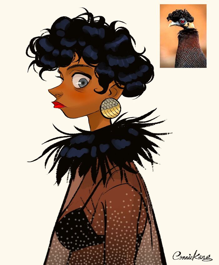 Illustration by Connie Kang featuring a stylish character with features inspired by a bird, blending humor and elegance.