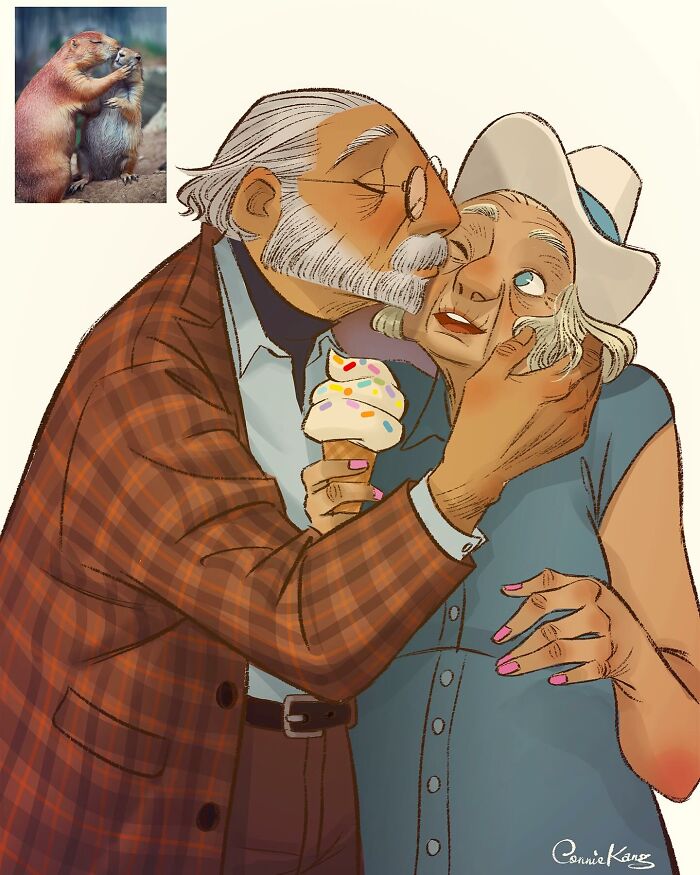 Elderly couple humorously mimicking prairie dogs' embrace, blending animal-inspired illustration style by Connie Kang.