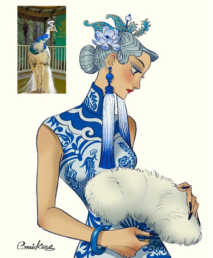 Illustration of a woman in peacock-inspired attire, featuring humor and style by Connie Kang.