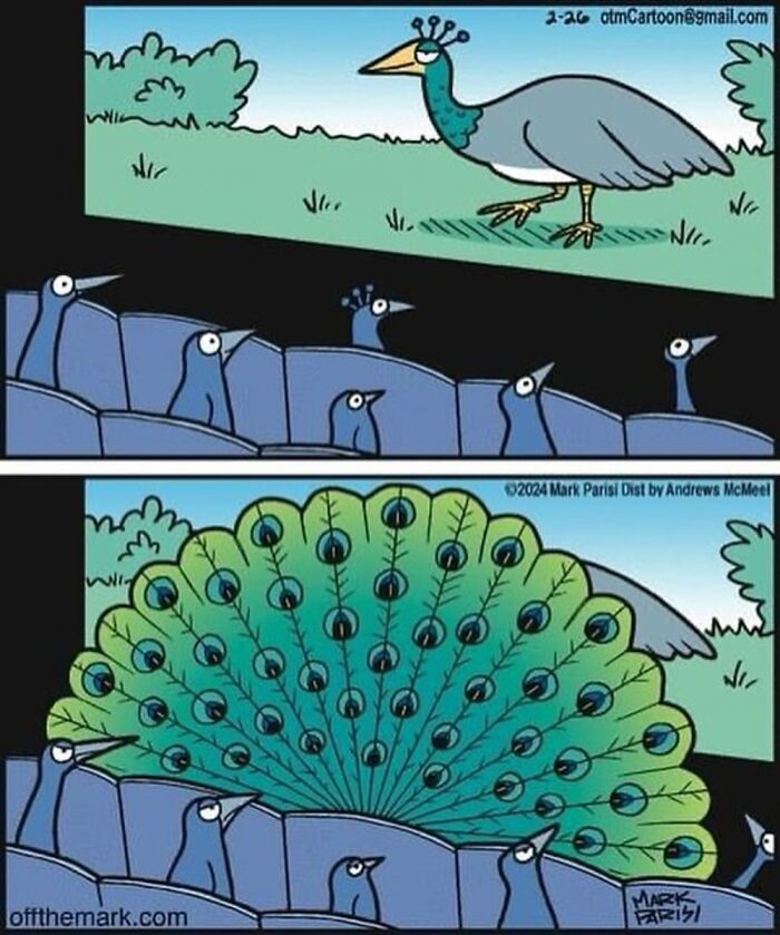 Comic strip showing peacocks watching a horror movie about a giant peacock in a theater.