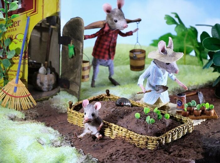 Maggie Rudy's Mouseland features mice gardening with tiny tools in a detailed miniature world.