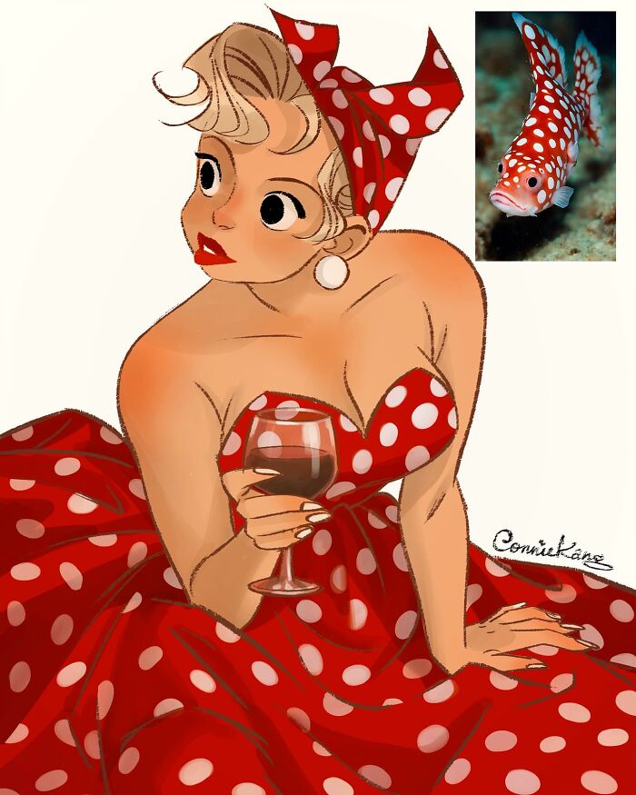 Animal-inspired illustration of a woman in a polka dot dress by Connie Kang, holding a glass of wine, with fish motif.