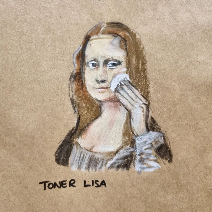 Cartoon of Mona Lisa using toner, with the pun "Toner L'isa" on a lunch bag.