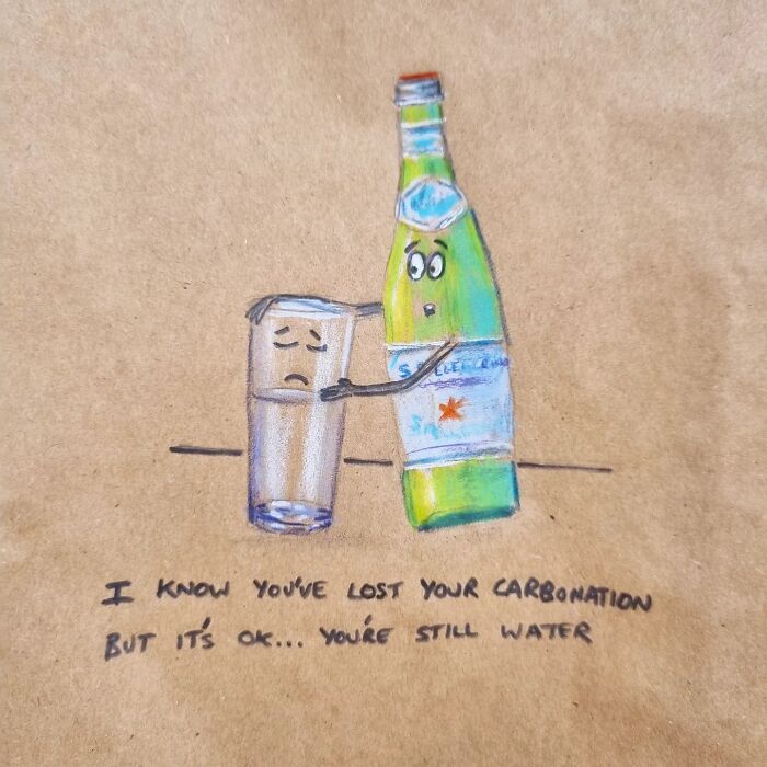 Cartoon with a sparkling water bottle comforting a sad glass, drawn on a lunch bag.