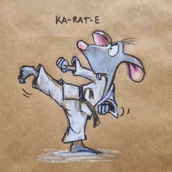 Cartoon mouse in karate pose with pun "KA-RAT-E" on a brown lunch bag, adding humor to kids' meals.