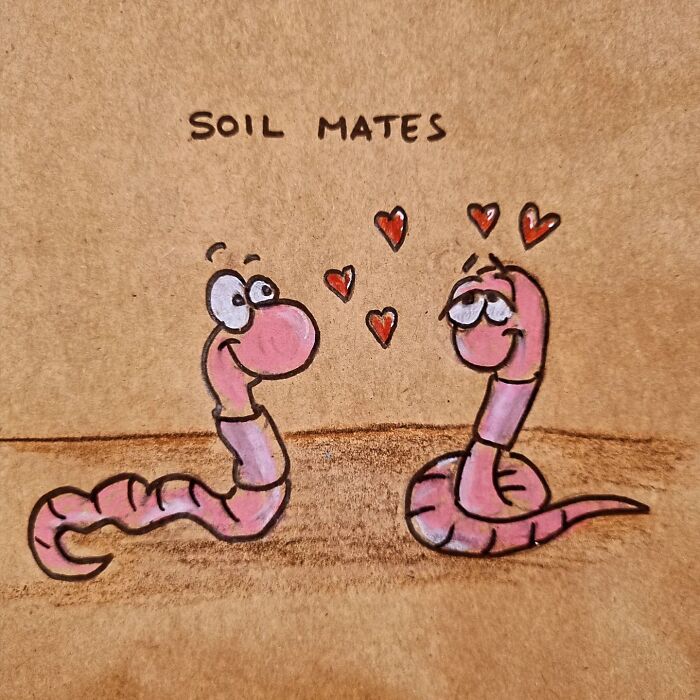 Cartoon of two smiling worms with hearts above their heads and the pun "Soil Mates" on a lunch bag.