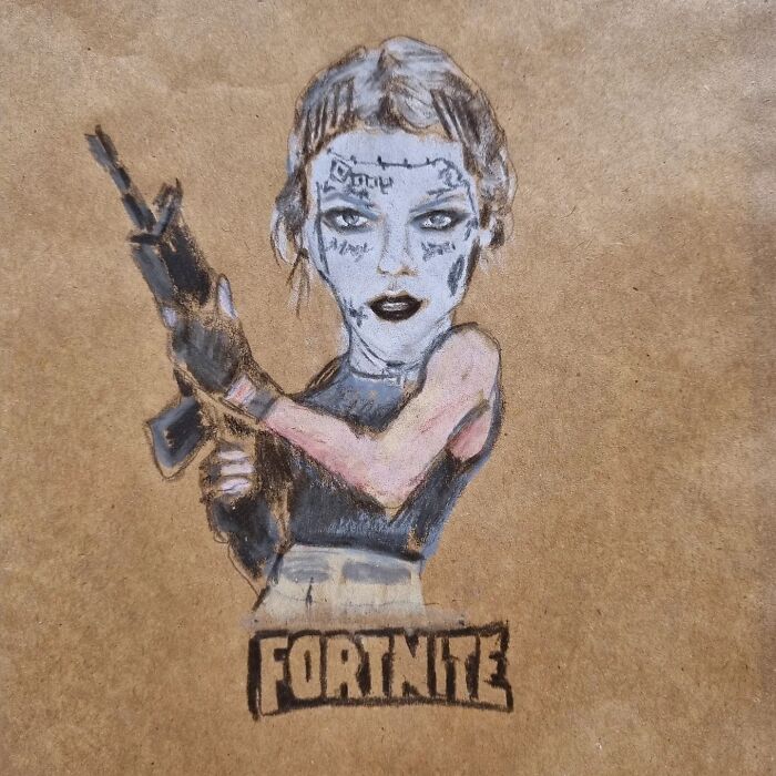 Cartoon drawing of a character with gun on a brown lunch bag, labeled "Fortnite."