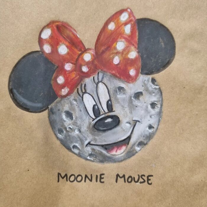 Cartoon of "Moonie Mouse" with a red polka dot bow on a lunch bag, showcasing a pun-filled illustration.