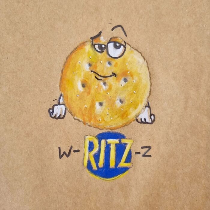 Cartoon of a smiling Ritz cracker with arms and legs drawn on a lunch bag, featuring a pun with the word "RITZ."