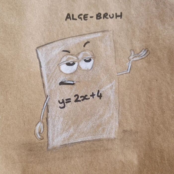 Cartoon lunch bag featuring a pun with algebra, labeled "ALGE-BRUH", with an equation y=2x+4.