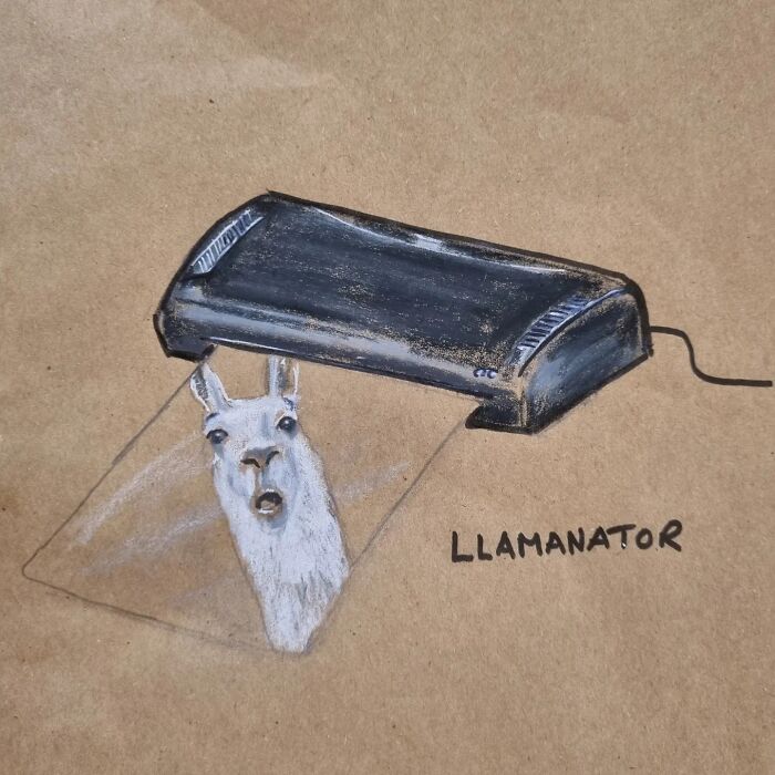 Lunch bag cartoon of a llama in a laminator, titled "Llamanator," illustrating pun-filled humor.