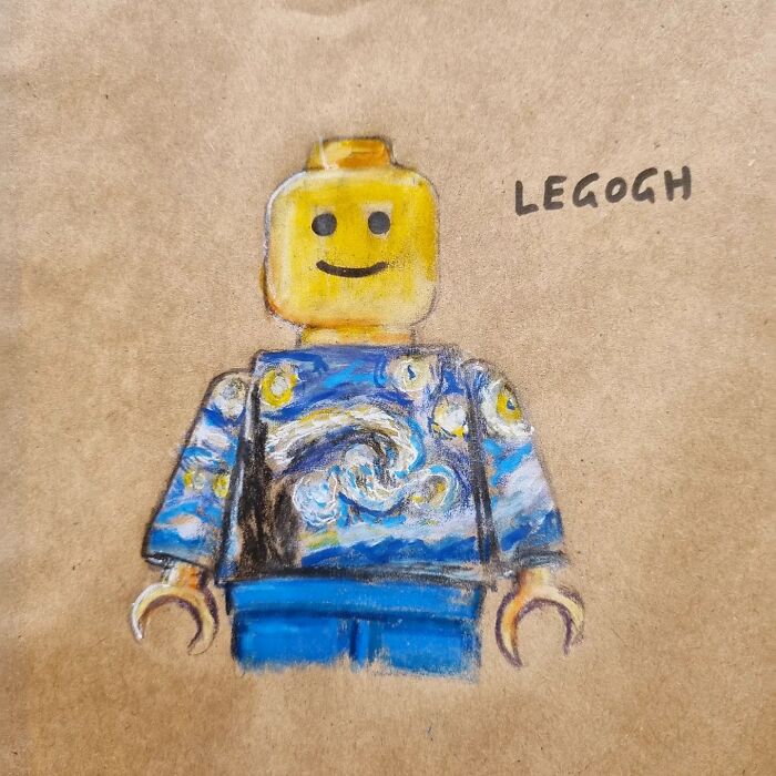 Cartoon of a LEGO figure with Van Gogh's Starry Night painted on its torso, titled "Legogh" on a brown lunch bag.